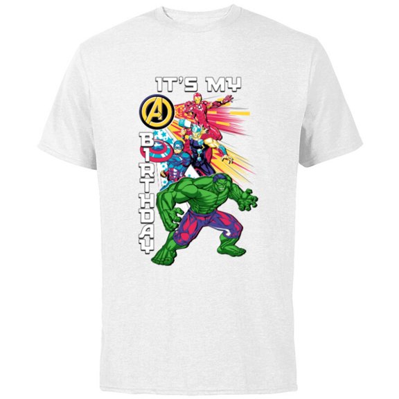 Marvel Super Heroes Avengers Team & Logo It’s My Birthday - Short Sleeve Cotton T-Shirt for Adults - Customized-White