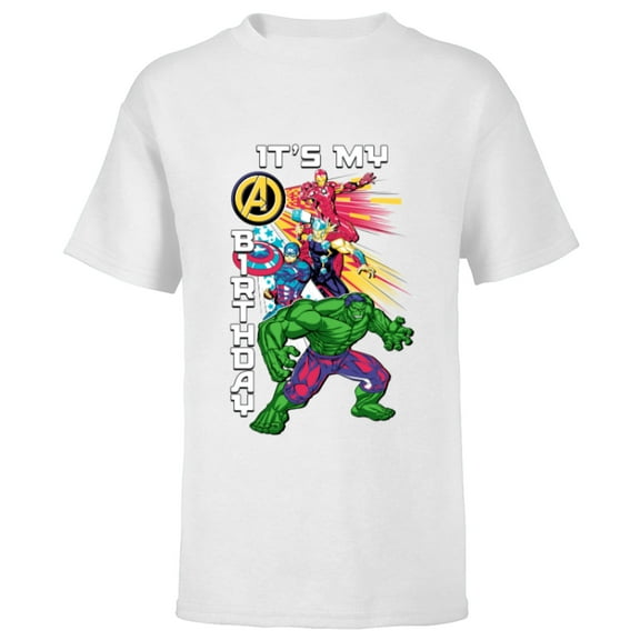 Marvel Super Heroes Avengers Team & Logo It’s My Birthday - Short Sleeve T-Shirt for Kids - Customized-White