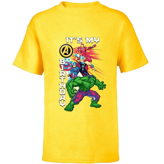 Marvel Super Heroes Avengers Team & Logo It’s My Birthday - Short Sleeve T-Shirt for Kids - Customized-Yellow