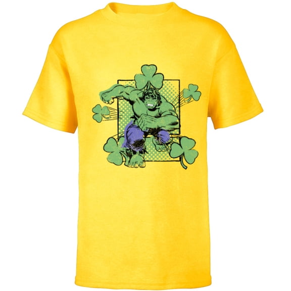 Marvel Super Heroes Hulk Green Shamrocks St. Patrick's Day - Short Sleeve T-Shirt for Kids - Customized-Yellow