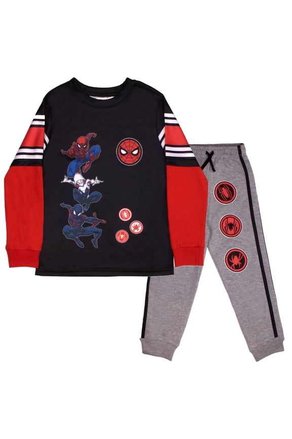 Superheroes Avengers and Spider-Man 2-Piece Set, Boys Long Sleeve Active Mesh T-Shirt & Pants 2-Pack Bundle Set