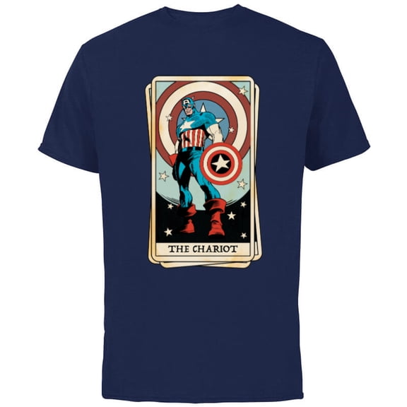 Marvel Tarot Arcana Captain America as the Chariot Card - Short Sleeve Cotton T-Shirt for Adults - Customized-Navy