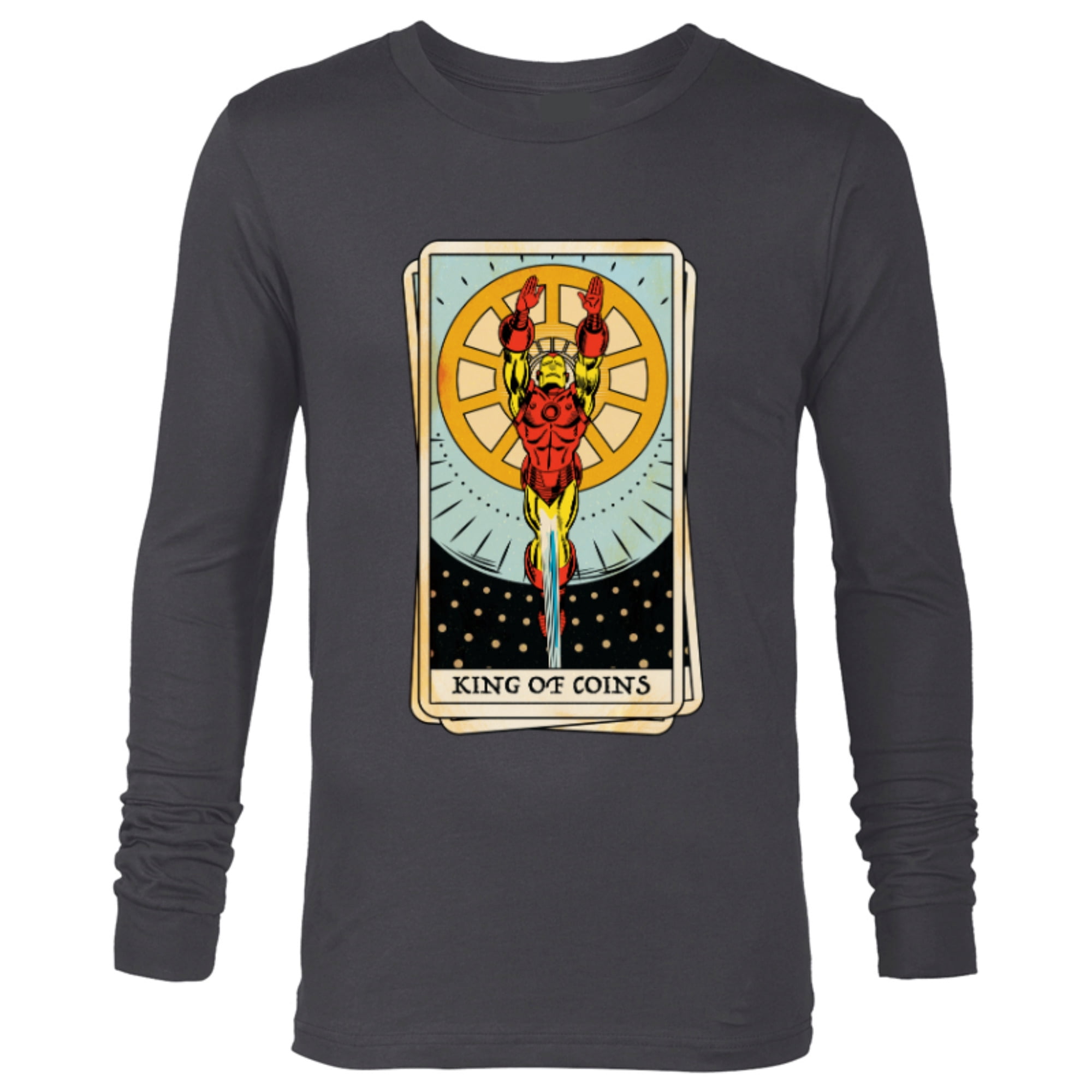 Marvel Tarot Arcana Iron Man as the King of Coins Card - Long Sleeve T-Shirt for Men - Customized-Charcoal Heather
