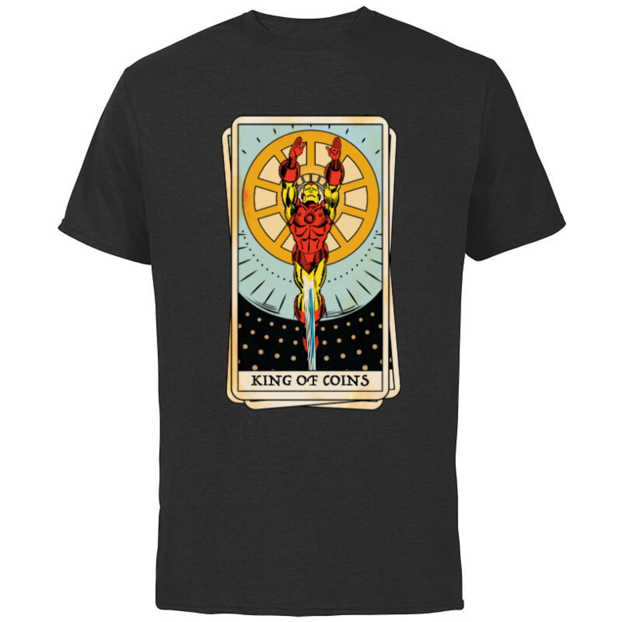 Marvel Tarot Arcana Iron Man as the King of Coins Card - Short Sleeve Cotton T-Shirt for Adults - Customized-Black
