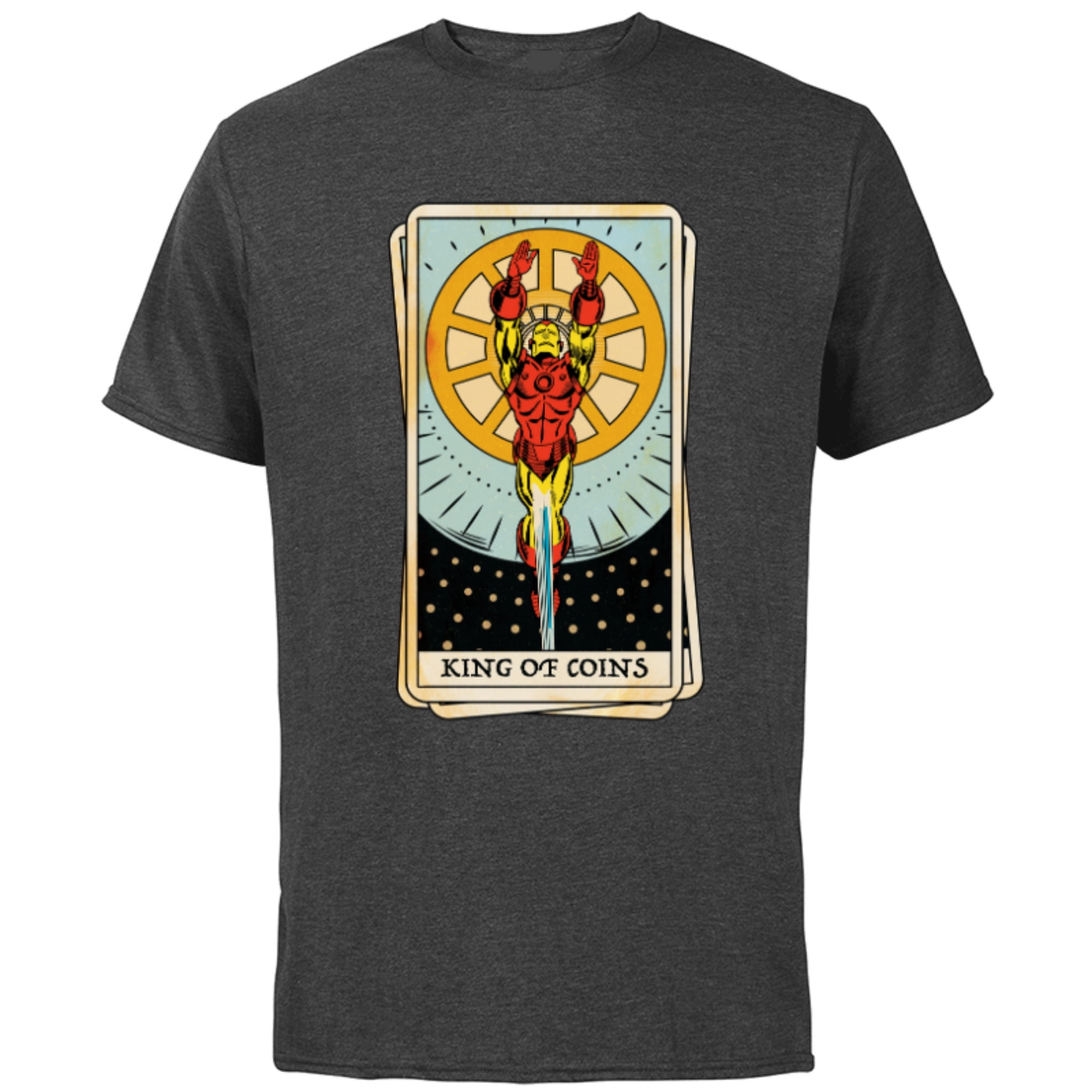 Marvel Tarot Arcana Iron Man as the King of Coins Card - Short Sleeve Cotton T-Shirt for Adults - Customized-Charcoal