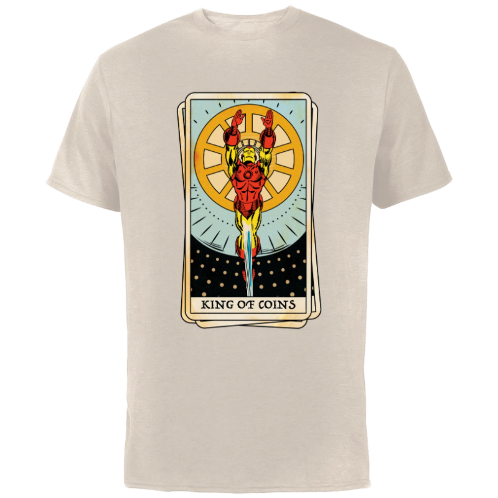 Marvel Tarot Arcana Iron Man as the King of Coins Card - Short Sleeve Cotton T-Shirt for Adults - Customized-Natural