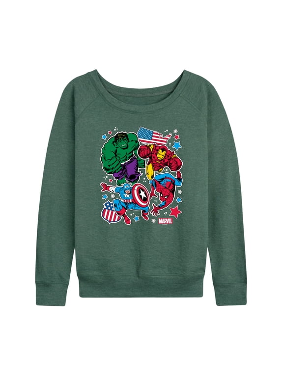 - Avengers America Stickers Style Women's Lightweight French Terry Wide Neck Long Sleeve Graphic Shirt