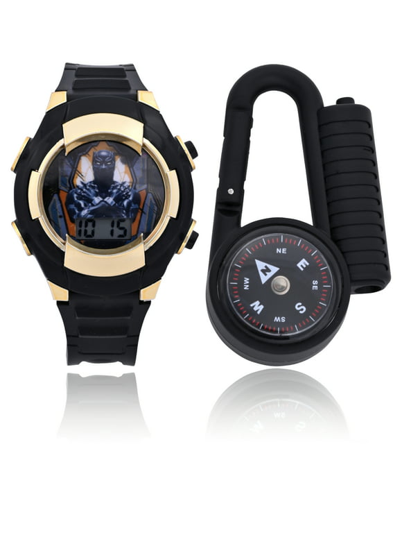 Marvel The Avengers Boys LCD Black Silicone Watch with Matching Light-Up Compass 2 Piece Set