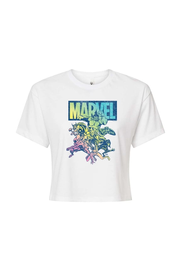 The Avengers - Group Rainbow - Juniors Cropped Graphic T-Shirt