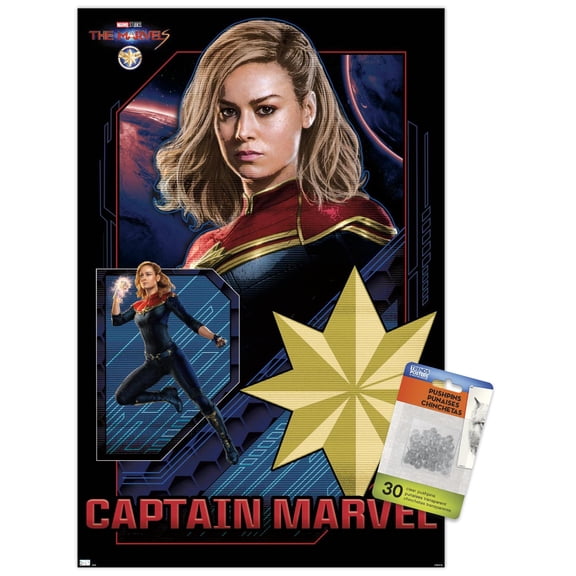 Marvel The Marvels - Captain Marvel Wall Poster with Push Pins, 14.725" x 22.375"