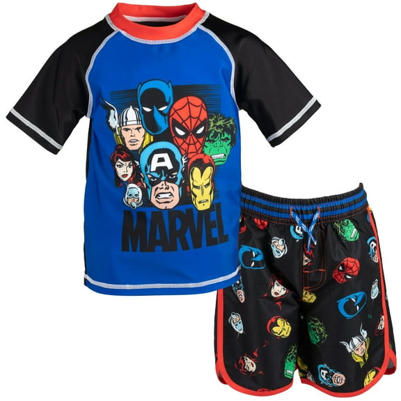 Marvel Toddler Boys Avengers Spider-Man Iron Man Thor Rash Guard Set, 2-pcs, 3T, Blue/Black