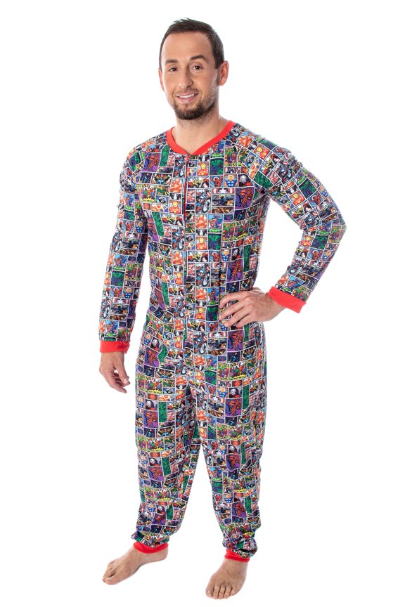 Marvel Unisex Adult Comic Character Grid Print One Piece Pajama Union Suit