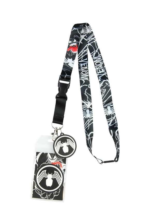 Marvel Venom Lanyard ID Badge Holder With 2" Character Logo Rubber Charm And Collectible Sticker