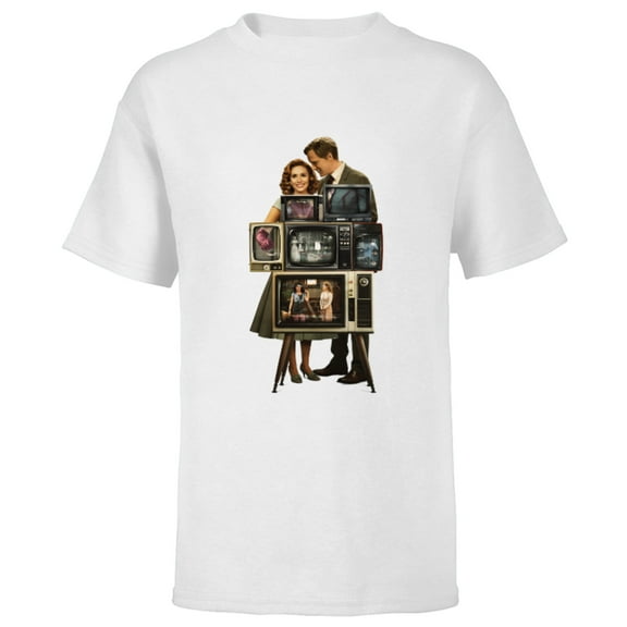 Marvel WandaVision Wanda & Vision Behind the TV Screens - Short Sleeve T-Shirt for Kids - Customized-White