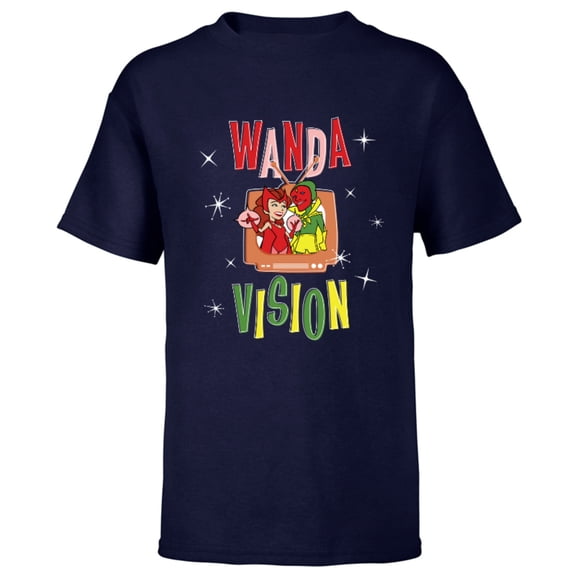 Marvel WandaVision Wanda & Vision Retro TV Artwork - Short Sleeve T-Shirt for Kids - Customized-Navy