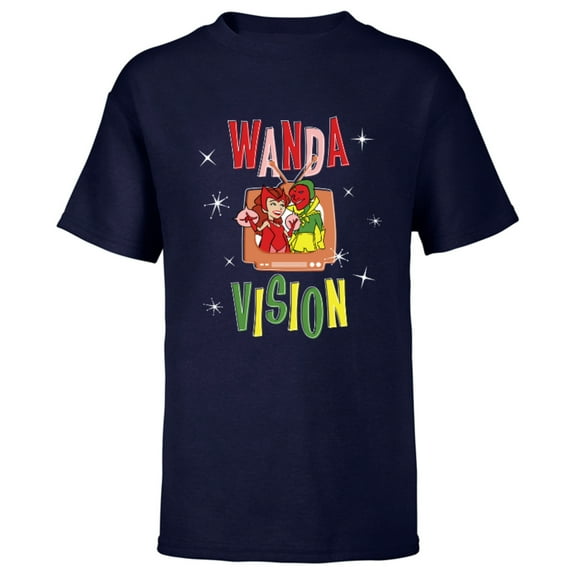 Marvel WandaVision Wanda & Vision Retro TV Artwork - Short Sleeve T-Shirt for Kids - Customized-Navy