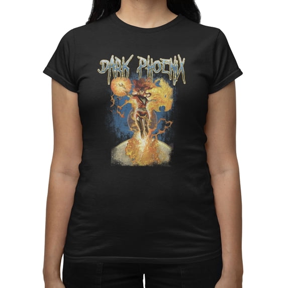 Marvel X-Men Women's Jean Grey Dark Phoenix Fire Distressed T-Shirt (Black, S-XXL)