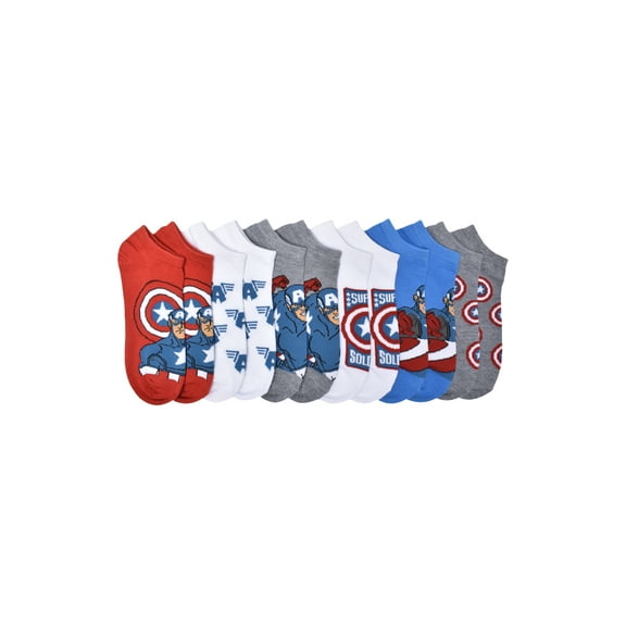 Marvel's Captain America Boys No Show Socks, 6 Pairs, Sizes S (4-8.5) - L (3-9)