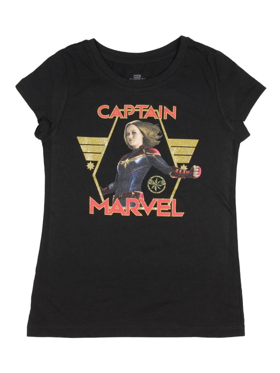 Marvel's Captain Marvel Character Glitter Logo Graphic Print Girls T-Shirt SM