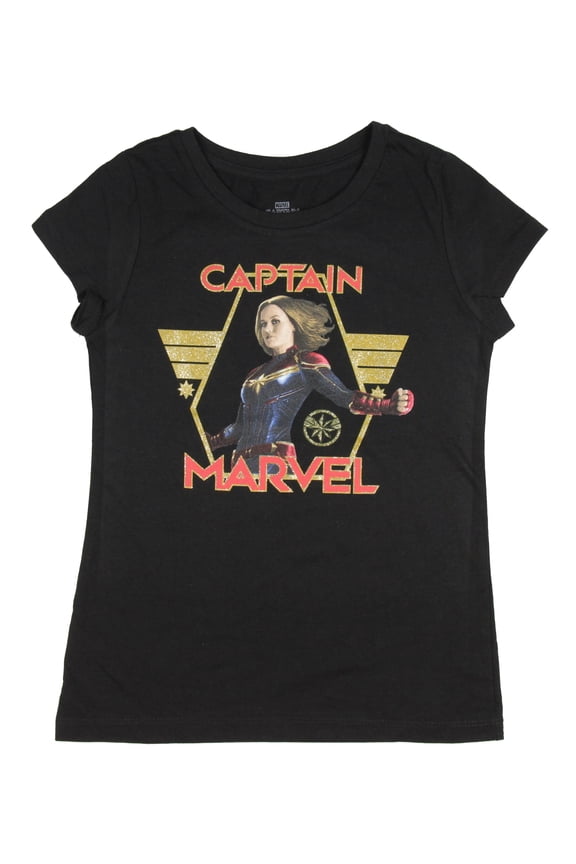 Marvel's Captain Marvel Character Glitter Logo Graphic Print Girls T-Shirt SM