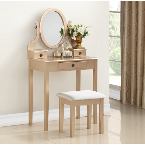 Marvellous Gold Vanity Table And Stool , 3 Storage Drawers, Adjustable Mirror Ravishing Makeup Stool, Oval