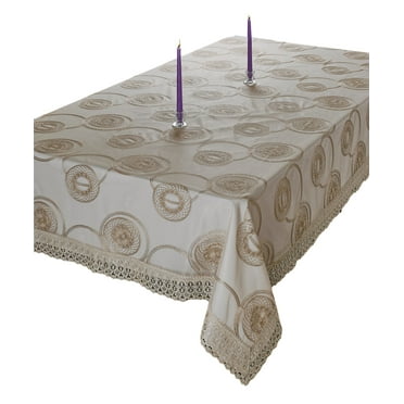 Marvelous Lace Tablecloth With Embroidered Round Scroll Design, Gold
