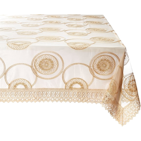Marvelous Lace Tablecloth With Embroidered Round Scroll Design, Gold