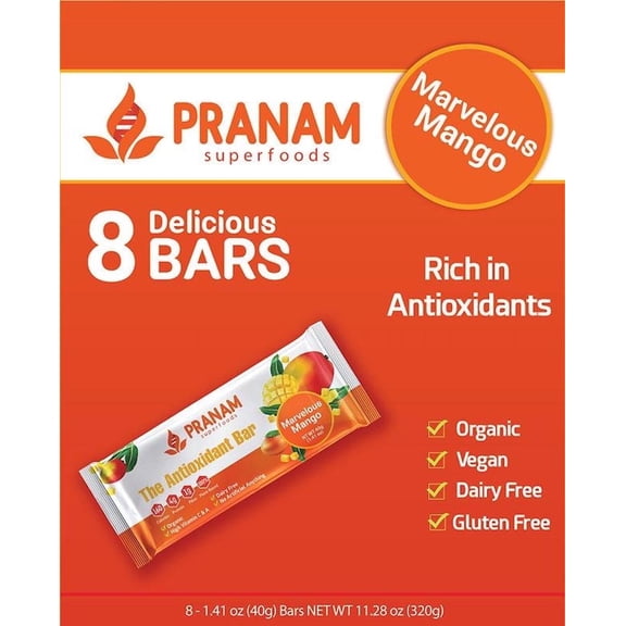 Pranam Bars Marvelous Mango Antioxidant Bars - Organic, Crunchy, Rich in Antioxidants, 8 Count, 11.28 oz