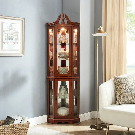 Marvelous Walnut Curio Display Cabinet With Adjustable Shelves & Lighting System Captivating Shelves, Lights Mirrored Backing