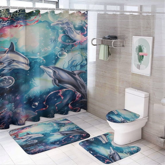 Marvels of The Sea 4 Pcs Shower Curtain Set with Rug Bathroom Sets with Waterproof Fabric And Non-Slip Rugs Toilet Lid Cover Bath Mat Decor with Hooks