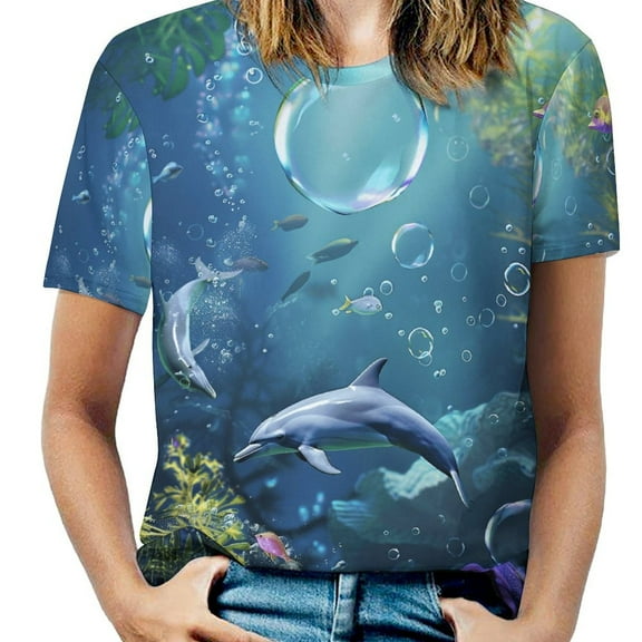 Marvels of The Sea Women's Short Sleeve T-Shirt Crew Neck Casual Summer Trendy Loose Fit Tops