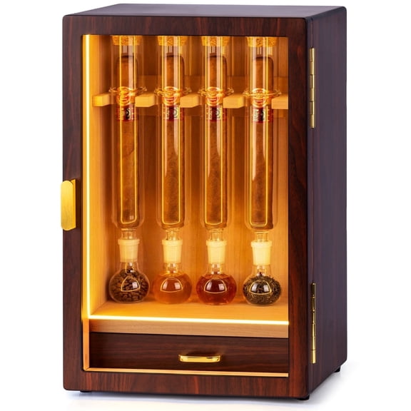 Marvero Cigar Humidor Cabinet, 4 Count, Glass Tubes, Cedar Lined, LED Ligh,for different flavors
