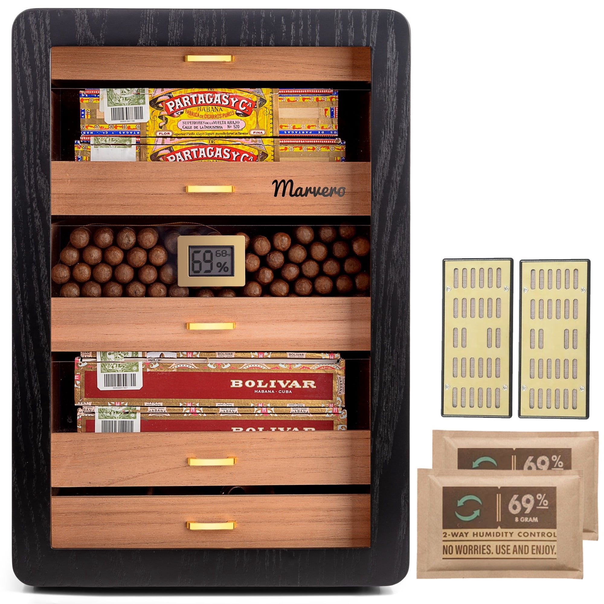 Marvero Cigar Humidor Cabinet, 300 Count, Black Finish, Cedar Lined Interior, Hygrometer and Humidifier