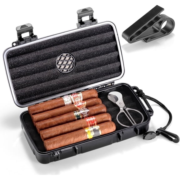 Marvero Travel Cigar Humidor Box, Black, ABS Case, Built-In Humidifier, Holds 5 Cigars