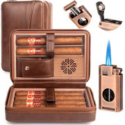 Marvero Leather Travel Cigar Humidor Case, Dark Brown, Cedar Lined, 6 Count, Lighter and Humidifier