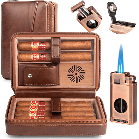 Marvero Leather Travel Cigar Humidor Case, Dark Brown, Cedar Lined, 6 Count, Lighter and Humidifier