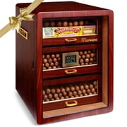 Marvero Cedar Wood Cigar Humidor Cabinet, Digital Hygrometer, 3 Movable Drawers, Glass Door, Gold-Plated Hardware, Humidifier