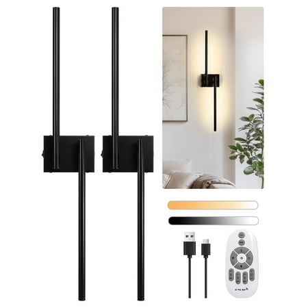 Marvex Set of 2 Dimmable Remote Control Wireless Wall Light LED Black Battery Operated Wall Sconces 2 Count