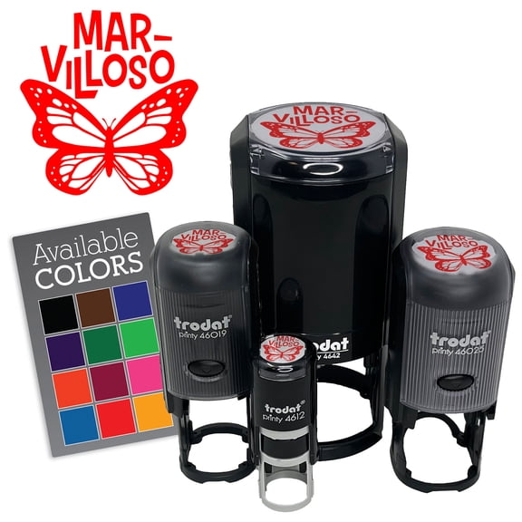 Marvilloso Marvelous Butterfly Spanish Compliment Teacher Stamp Self-Inking Rubber Stamp for Stamping Ink Stamper Crafting Planners - 1 Inch Medium - Yellow Ink