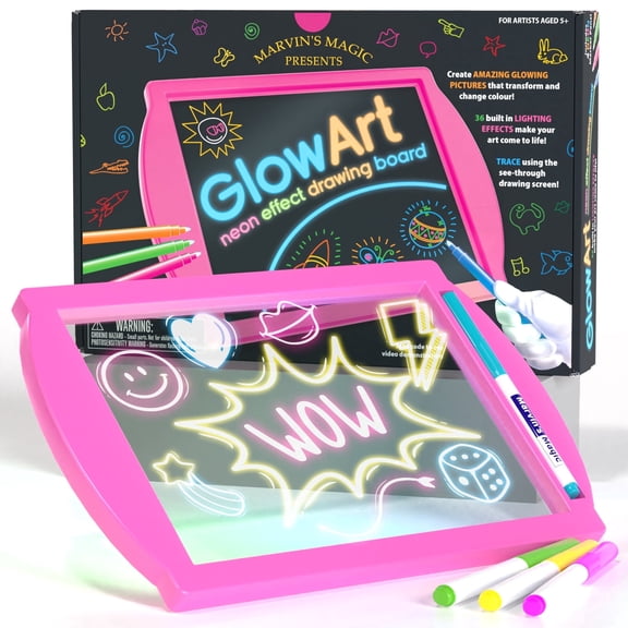 Marvin's Magic - Glow Art Unique Craft Kit Light Up Kids Art Set Includes Neon Effect Drawing Board with A Built-in Stand and 4 Fluorescent Magic Pens - Pink