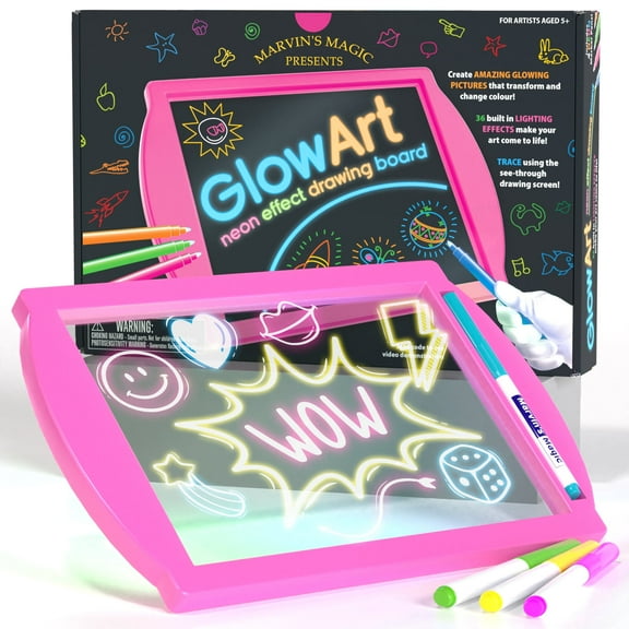 Marvin's Magic - Glow Art Unique Craft Kit  Light Up Kids Art Set  Includes Neon Effect Drawing Board with A Built-in Stand and 4 Fluorescent Magic Pens - Pink