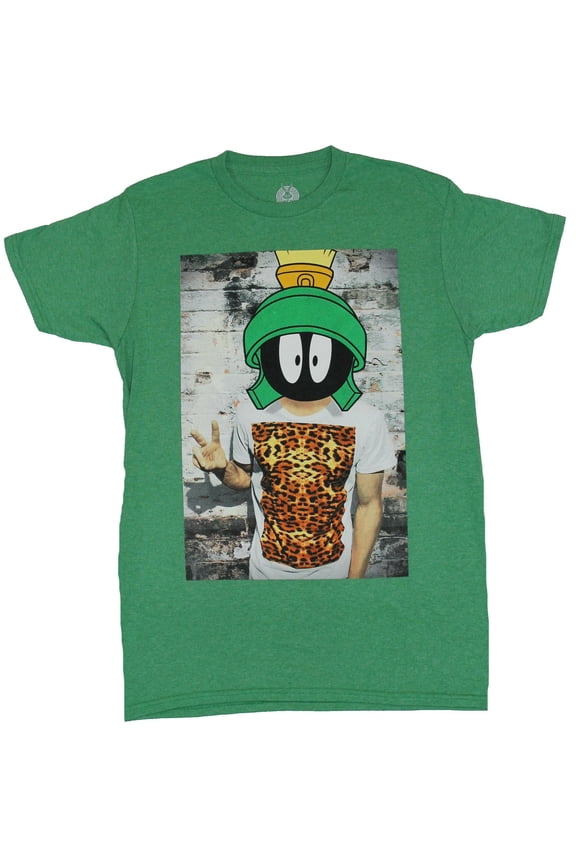 Marvin the Martian Mens T-Shirt - Marvin Head on a Tiger Print Wearing Hipster (Small)