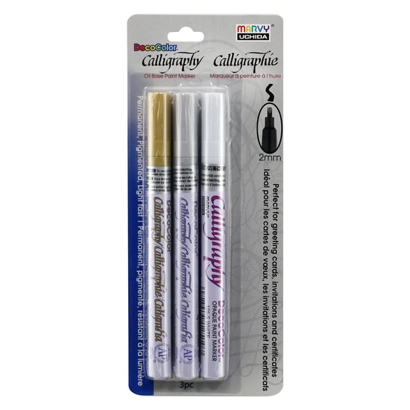 Marvy Uchida 3-Color Calligraphy Paint Markers Set with Acid-Free Ink, 2mm Chisel Point, Metallic Finish