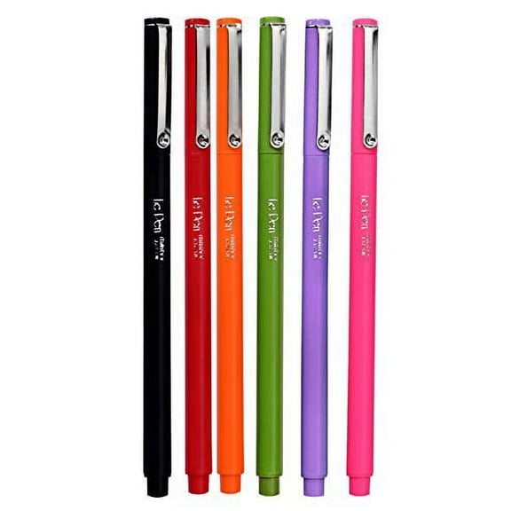 Marvy Le Pen Set of 6 Fine Tip Pens, Orang, Red, Fluorescent Pink, Amethyst, Olive Green, and Black