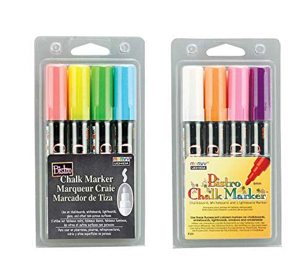 Uchida Bistro Chalk Marker Set - 4 Fluorescent Colors, Opaque & Erasable For Chalkboards, Windows, Light Boards