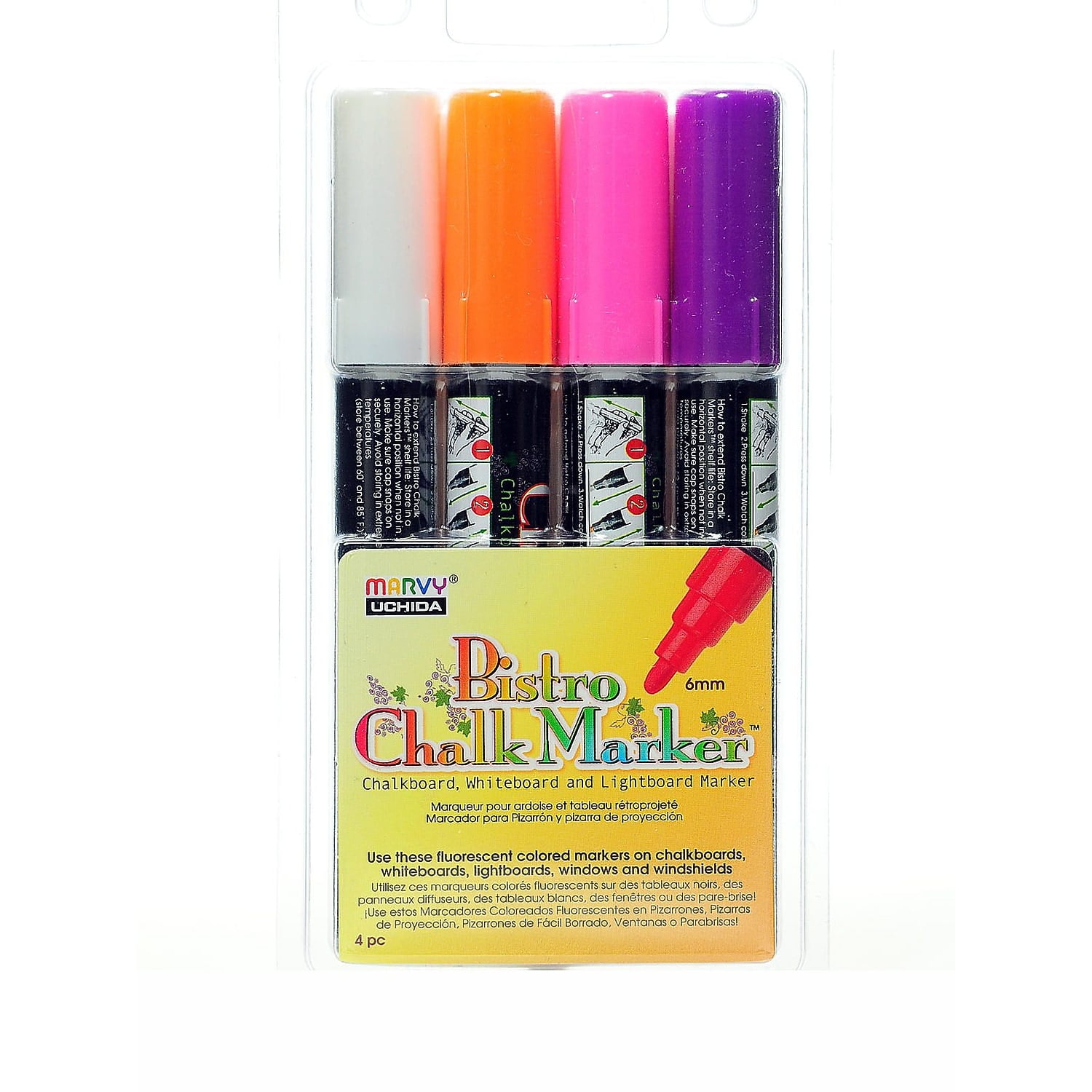 Marvy Uchida Bistro Chalk Marker Sets Broad Point White Fl. Violet Fl. Orange Fl. Pink [Pack Of 2]
