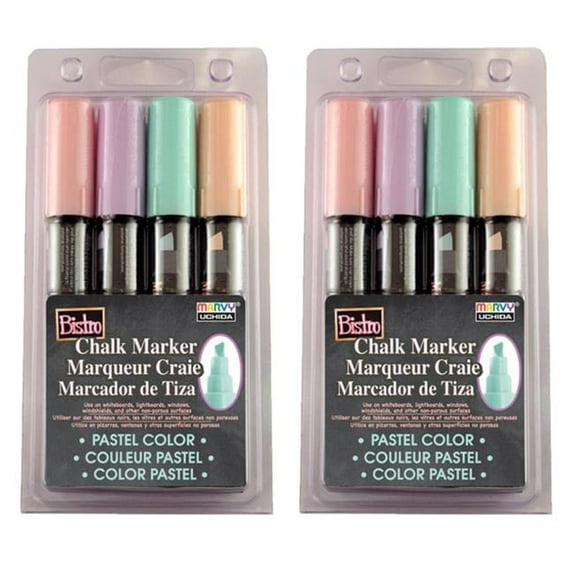 Marvy Uchida Bistro Chalk Markers, Chisel Tip 4-Color Set, Blush Pink, Peppermint, Pastel Peach, Pale Violet, 2 Sets
