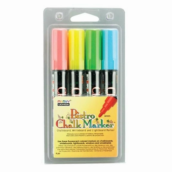 Marvy Uchida Bistro Erasable Chalk Markers 6 mm Marker Point Size - Fluorescent Red, Fluorescent Green, Fluorescent Blue, Fluorescent Yellow Water Based Ink - 4 / Pack