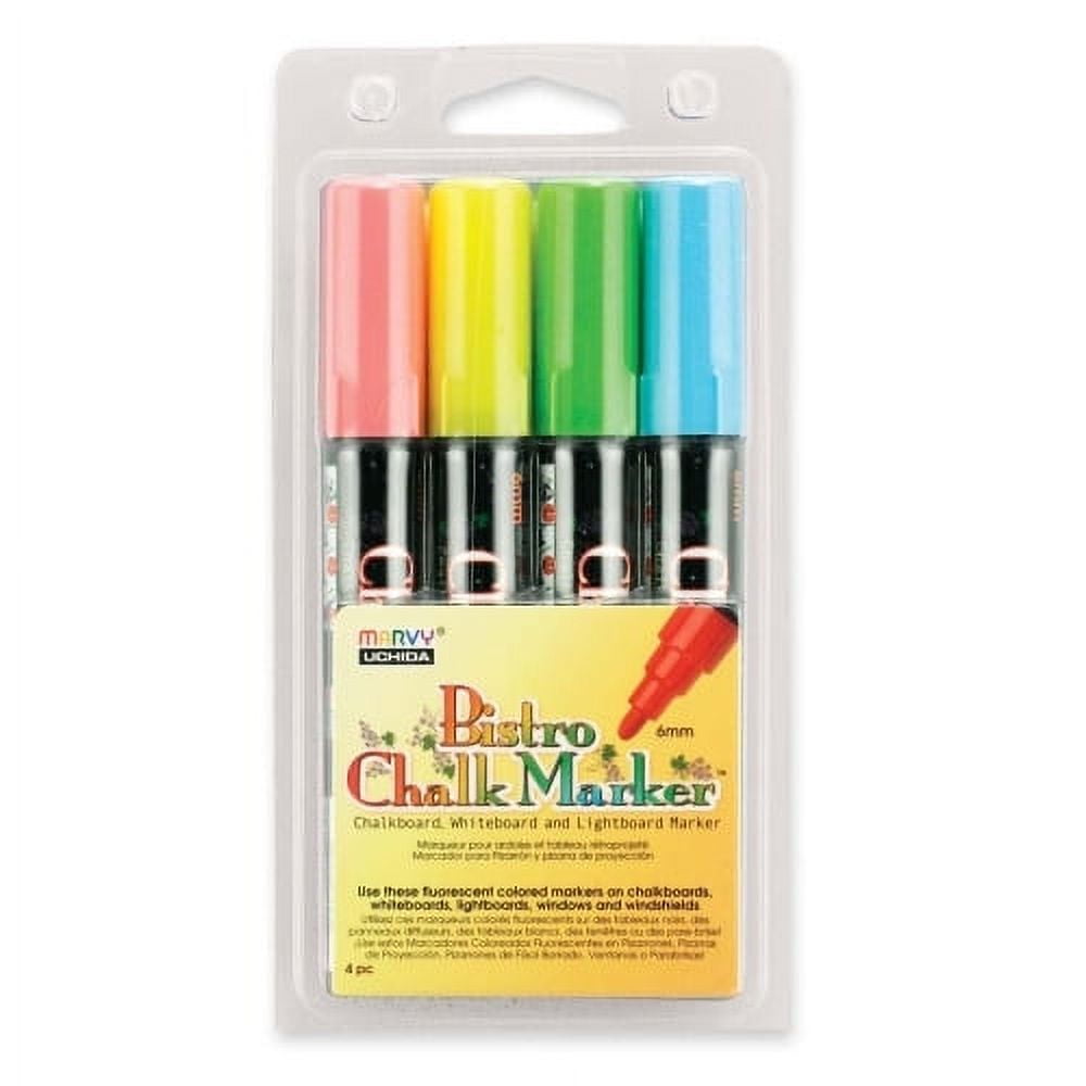 Marvy Uchida Bistro Erasable Chalk Markers 6 mm Marker Point Size - Fluorescent Red, Fluorescent Green, Fluorescent Blue, Fluorescent Yellow Water Based Ink - 4 / Pack