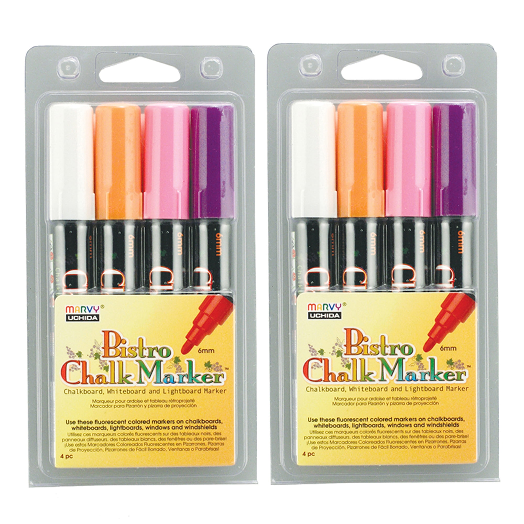Marvy Uchida Broad Point Chalk Marker Broad Tip Set 4B, Fluorescent Colors, 4 Per Pack, 2 Packs